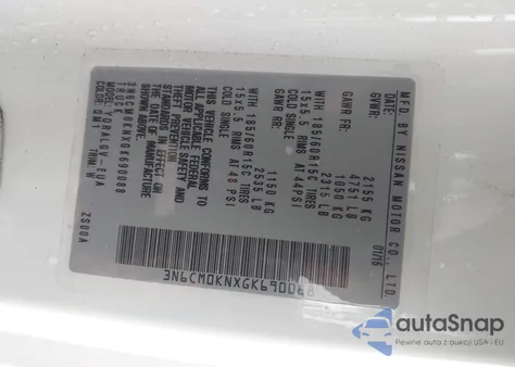 2016 Nissan Nv200 Sv z USA, uszkodzony, nr VIN 3N6CM0KNXGK690088